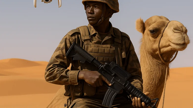 Soldat mauritanien à cheval sur dromadaire en uniforme de camouflage, surveillant le désert avec un drone en vol