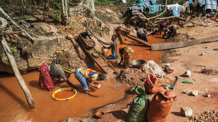 Orpailleurs travaillant dans une mine d'or illégale en Afrique centrale